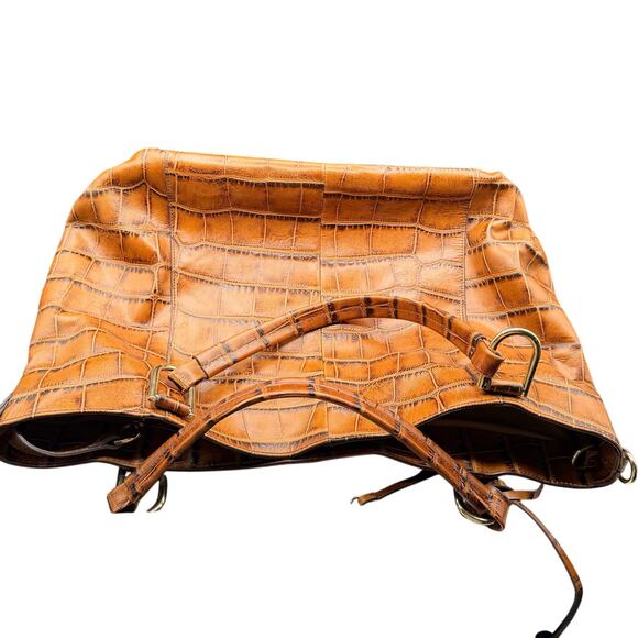 G.I.L.I. Genuine Leather Croc Embossed Satchel Tote Bag Cognac Brown - Picture 11 of 16